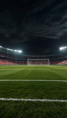 Fototapeta premium A Wide Perspective Spectacular sport Football stadium with glowing floodlights and empty green grass field and pitch. Football sports background for advertisement with copy space 