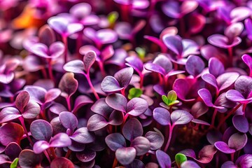 A majestic, high-angle shot of radiant purple microgreens, each delicate petal and stem captured in crystal-clear definition, amidst a sumptuous tapestry of color.