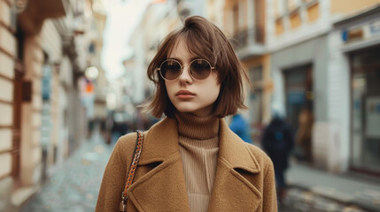 Obraz premium A woman wearing sunglasses and a brown coat is walking down a street