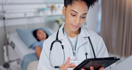 Woman, doctor or tablet in hospital for healthcare, digital chart or patient medical record....