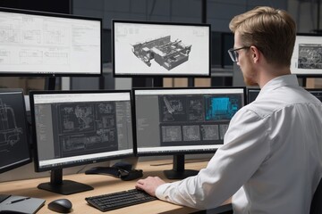 Engineer analyzing technical drawings on multiple monitors