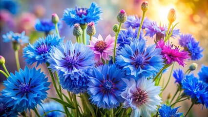 Obraz premium Delicate cornflowers dance in a bouquet, their vibrant blue petals and yellow centers capturing the soft focus of a watercolor painting.