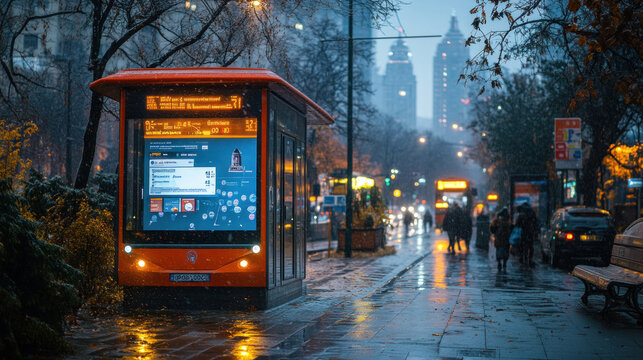 A smart bus stop displaying live arrival times and route information.