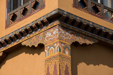 Bhutan, Thimphu, capital of Bhutan. Detail of typical Bhutanese style architecture.