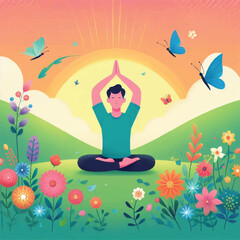 A person meditates peacefully on a grassy hill, surrounded by colorful flowers and butterflies under a glowing sunrise or sunset.