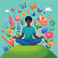 A person meditates peacefully on a grassy hill, surrounded by colorful flowers and butterflies.