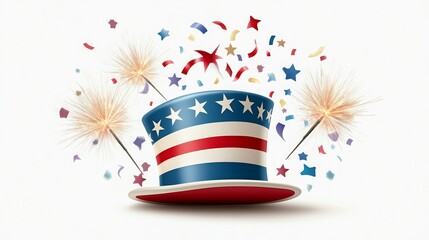 Obraz premium Festive patriotic hat surrounded by fireworks and confetti, symbolizing Independence Day celebration with vibrant red, white, and blue colors.