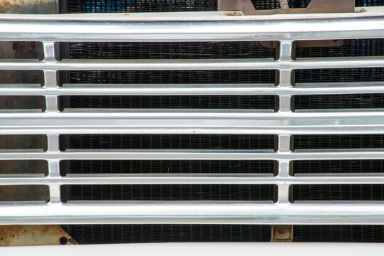 Vintage Ford F100 Truck Chrome Grille, Wide View Close-Up