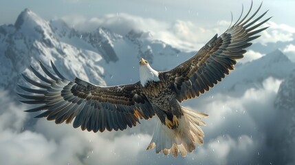 Obraz premium Majestic bald eagle soaring through misty mountains