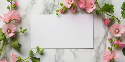 Obraz premium Floral White Card with Pink Flowers on Marble Background for Invitations or Announcements