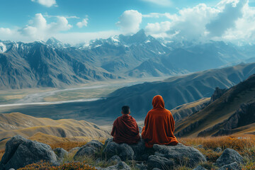 Fototapeta premium Monks Meditating in Majestic Mountain Landscape with Stunning Views
