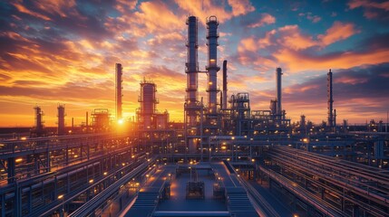 Vast oil refinery illuminated at sunset. Extensive oil refinery is brightly illuminated as the sun sets, showcasing its complex network of pipes and towers.