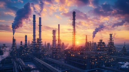 Industrial petrochemical plant at sunset. Large petrochemical plant is captured at sunset, with smoke billowing from smokestacks and a network of pipelines below.