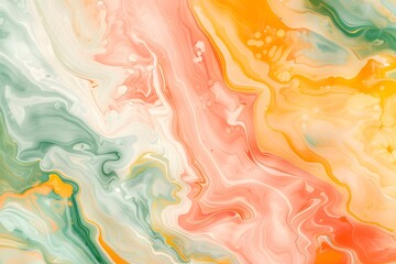 Abstract background, peach and green marble pattern. Abstract liquid paint. Artistic texture with swirling waves of pink, orange, red, yellow and white colors