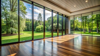 Fototapeta premium An empty room with large glass windows and sliding doors offering a stunning view of trees, perfect for elegant events