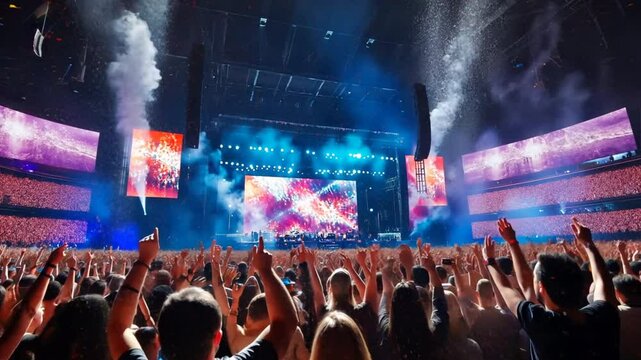 a live music event in a large stadium, with a massive stage illuminated by dynamic lights,
