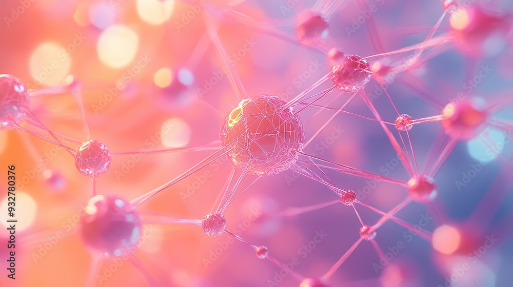 Wall mural abstract molecular structure with glowing connections in soft pink and orange gradient background