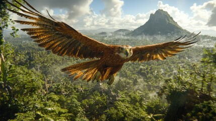Obraz premium Majestic eagle soaring over lush jungle landscape
