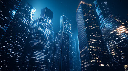Nighttime view of a technologically advanced city with sleek, illuminated skyscrapers. Premium background for the latest technology needs