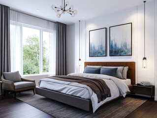Bed room interior design with wooden floor, large window, white walls, painting on walls and bed. Created with Ai