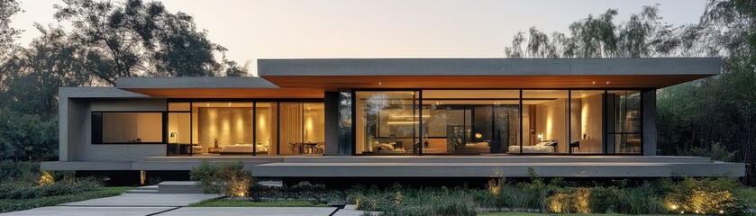Fototapeta premium Modern Luxury House with Large Windows and Minimalist Design Surrounded by Nature at Dusk