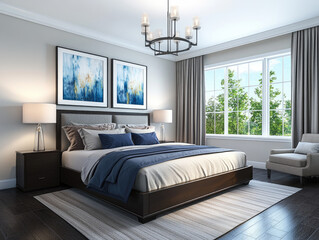 Modern and luxury bed room with king size bed, offwhite walls, paintings on walls, curtains and window. Created with Ai