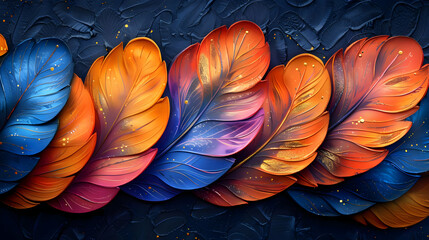 Abstract 3D Illustration of Colorful Feathery Shapes on a Dark Blue Background