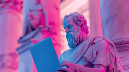 Classical marble statue of Socrates holding a modern laptop in a neon-lit environment. Concepts of tradition meeting technology, digital age, and timeless knowledge.