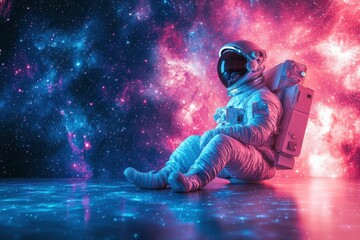 Obraz premium Cosmic Contemplation: An astronaut finds solace amidst a vibrant nebula, showcasing the awe-inspiring beauty and vastness of space exploration. 