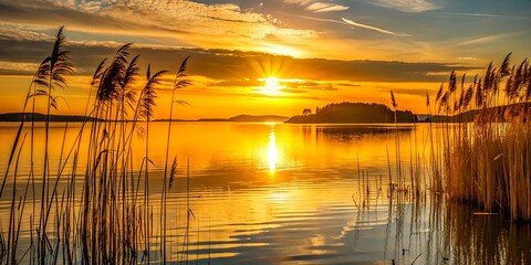 Golden sunset behind distant island reeds over water with tall grass silhouette in front of a lake