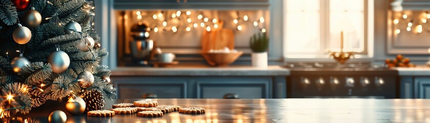 A cozy Christmas kitchen, with freshly baked cookies cooling on the counter, festive decorations hanging, and a warm, inviting vibe