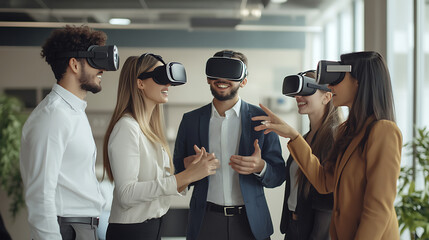 A diverse team of business professionals and young individuals using VR headsets in a modern office. Is this conversation helpful so far?