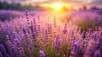 Naklejka premium Serene lavender flower field with soft sunlight creating a tranquil atmosphere
