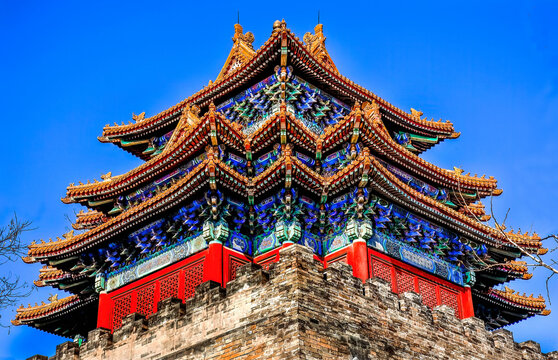 Watch tower Forbidden City roof figures, Beijing, China. Built in the 1600's during Ming Dynasty
