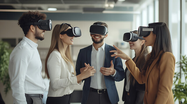 A diverse team of business professionals and young individuals using VR headsets in a modern office. Is this conversation helpful so far?