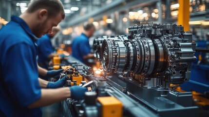 Assembly line technicians working on machinery. Technicians working on an assembly line, focused on assembling and fine-tuning mechanical parts in an industrial factory setting.