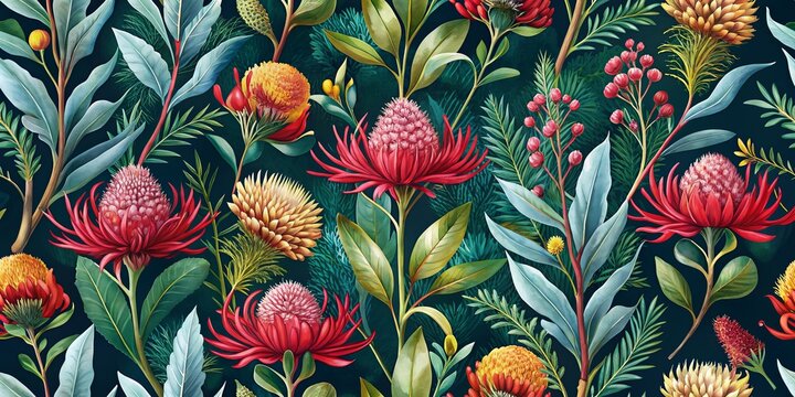 Seamless pattern of native Australian flowers including eucalyptus, waratah, and kangaroo paw