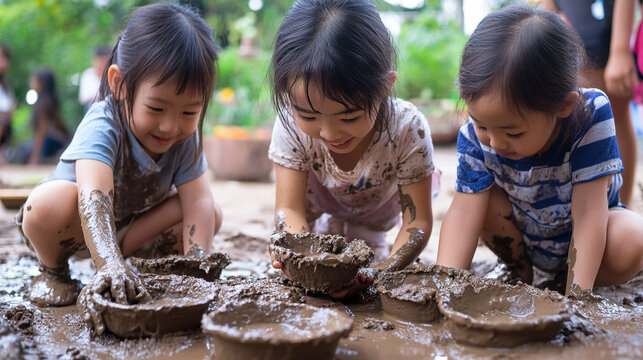 Asian kids making mud pies