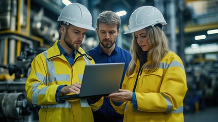 Engineers in hard hats and high-visibility jackets collaborating on a laptop to manage factory operations, with a focus on precision and teamwork.