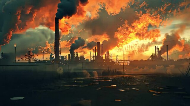 polluted industrial landscape with smoke and a fiery sunset