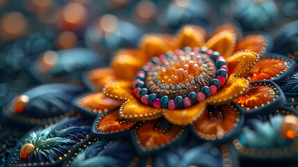 Closeup of a Yellow and Blue Embroidered Flower 3D Illustration
