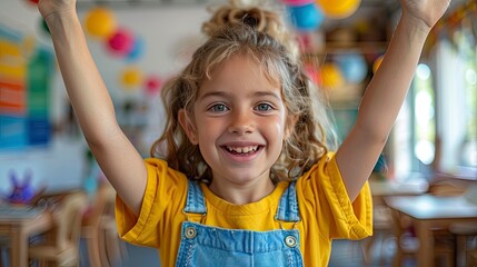 happy schoolgirl with hands up using digital tablet during lesson in classroom at primary school