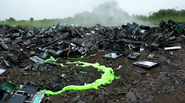 Electronic waste dump in rural area during overcast weather