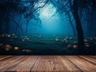 Empty Wooden table and blurred Halloween night background. Bats. Party Pumpkins. Blank of Halloween for the Product. Advertise. Mockup. Copy Space.