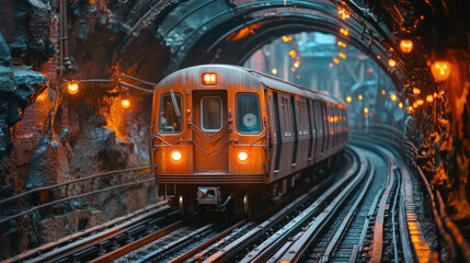 Fototapeta premium An old, vintage subway train navigating through a dimly lit, historic underground tunnel.