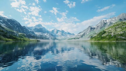 Fototapeta premium A calm lake surrounded by snow-capped mountains with a cloudy blue sky.