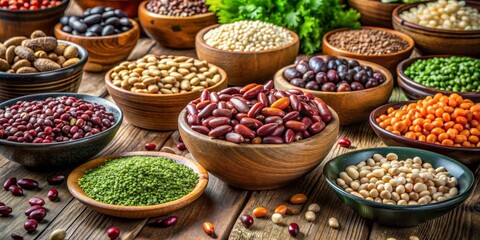 A Colorful Array of Beans in Wooden Bowls, Food Photography, Various Legumes, Healthy Diet, Beans, Legumes, Nutrition