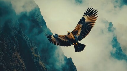 Obraz premium Majestic eagle soaring through misty mountain peaks