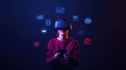 Virtual Reality Finance: Person Using Digital Wallet Surrounded by Floating Icons and Financial Data