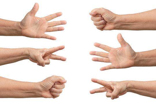 Hand symbol of playing Rock, Paper, Scissors on a white background.